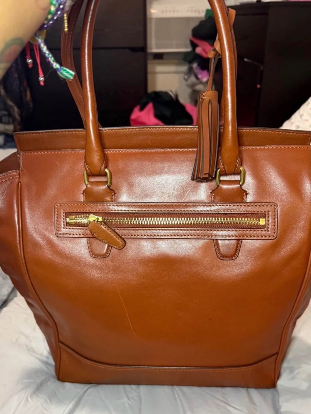 COACH Cognac Brown Leather Tote with Tassel Charm - Picture 2 of 7